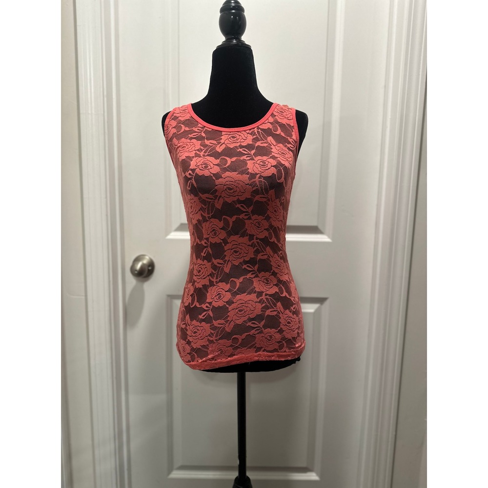 Color Story Coral Lace Tank Top Women's Size M Floral Scoop Neck Sleeveless